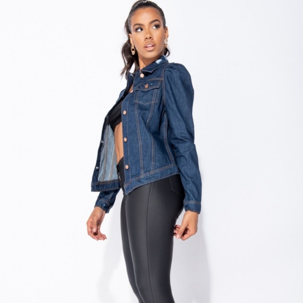 Blue Long Puff Sleeve Distressed Denim Jeans Jacket - Picture 4 of 8